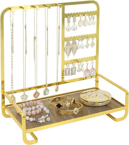 KOOAAICCHI Jewelry Organizer Stand Metal Jewelry Rack with Acrylic Tray Necklace Storage Holder Fashionable Display Stand for Rings, Earrings & Bracelets (Gold) in Kuwait