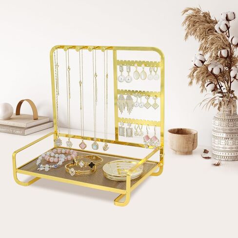 KOOAAICCHI Jewelry Organizer Stand Metal Jewelry Rack with Acrylic Tray Necklace Storage Holder Fashionable Display Stand for Rings, Earrings & Bracelets (Gold) in Kuwait