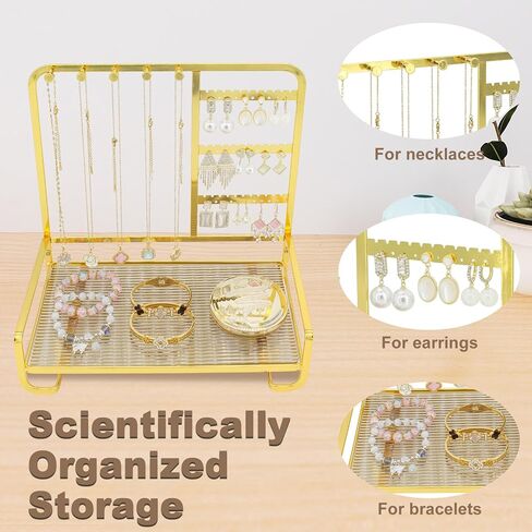 KOOAAICCHI Jewelry Organizer Stand Metal Jewelry Rack with Acrylic Tray Necklace Storage Holder Fashionable Display Stand for Rings, Earrings & Bracelets (Gold) in Kuwait