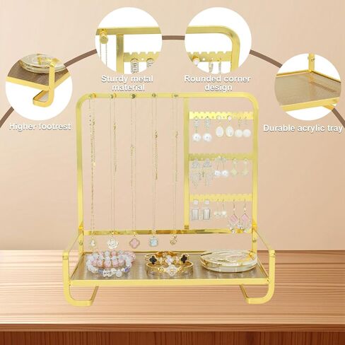KOOAAICCHI Jewelry Organizer Stand Metal Jewelry Rack with Acrylic Tray Necklace Storage Holder Fashionable Display Stand for Rings, Earrings & Bracelets (Gold) in Kuwait
