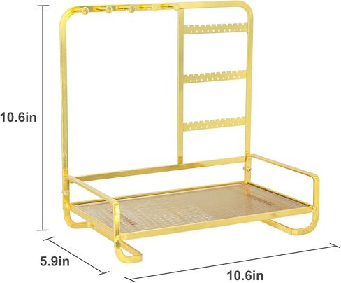 KOOAAICCHI Jewelry Organizer Stand Metal Jewelry Rack with Acrylic Tray Necklace Storage Holder Fashionable Display Stand for Rings, Earrings & Bracelets (Gold) in Kuwait