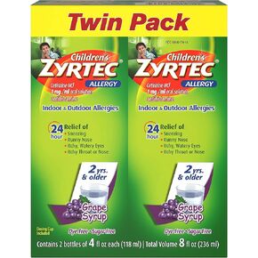Zyrtec 24 Hr Children's Allergy Syrup with Cetirizine, Sugar-Free Grape, Twin Pack of 4 fl. oz