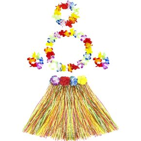 Hikkcos 5pcs Hawaiian Hula Dancer Grass Skirt ملونة Luau Flower Flower Flower Leis Beadbeldes Bracelets Girls Party Supplies