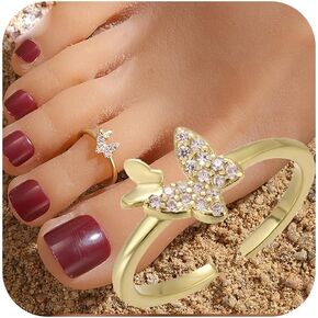 Butterfly Toe Ring,925 Sterling Silver Dainty Butterfly CZ Adjustable Anklet Ring for Women 14K Gold Plated Cute Butterflies Animal Barefoot Thumb Knuckle Ring Beach Party Wedding Jewelry for Mom
