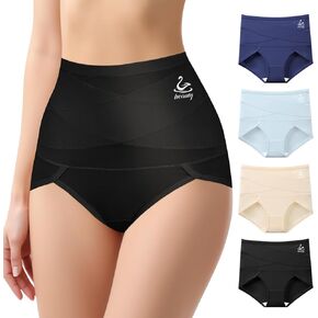 Women's High Waisted Underwear Tummy Control Cotton Panties Full Coverage Postpartum Briefs 4 Pack