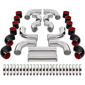 KUAFU 12 PCS 3" Universal Aluminium Turbo Intercooler Piping & Silicone Coupler & Clamp Kit Electrophoresis Black & Silvery