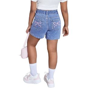 شورتات الدنيم الفتاة الفتاة Makemechic Bow Terbroidery Straining Bermuda Jean Shorts مع جيوب in Kuwait