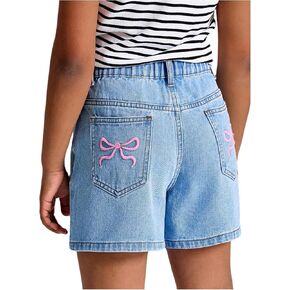 MakeMeChic Girl's Denim Shorts Bow Embroidery Straight Leg Bermuda Jean Shorts with Pockets