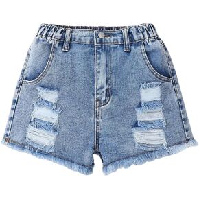 Floerns Girl's Elastic High Waist Distressed Ripped Raw Hem Denim Shorts