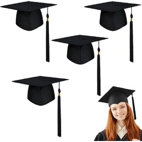 4 Pcs Black Graduation Cap with Tassel Adjustable Adult Graduation Hat for Women Men Graduation Supplies Fancy Dress Accessory Photo Props