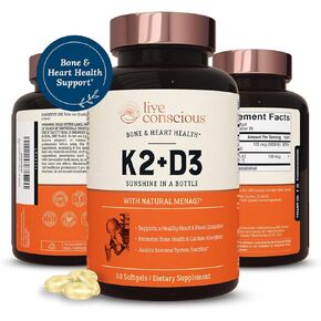 يعيش فيتامين K2 MK7 واعية مع ملحق D3 | دعم صحة العظام والقلب - فيتامين K & Vitamin D3 5000 IU - 60 Softgels