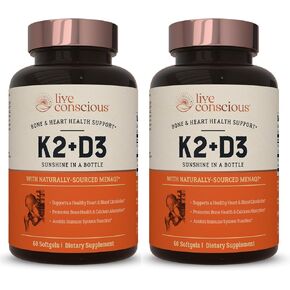 Live Conscious Vitamin K2 MK7 with D3 Supplement | Bone & Heart Health Support - Patented Vitamin K & Vitamin D3 5000 IU - 60 Softgels in Saudi Arabia