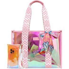 F-color Iridesent Beach Bag for Women - Waterproof Beach Tote Clear Pool Bag with Phone Pouch for Cruise Vacation Essentials