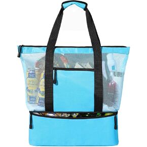 Mesh Beach Tote Bag With Cooler - Cooler Beach Bags for Women, Large Tote Bags Waterproof Sandproof Swim Pool Travel Daily Tote Bag, Blue