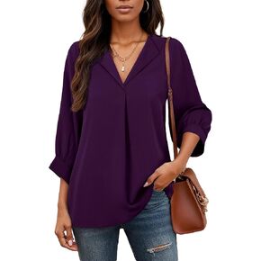 3/4 Sleeve V Neck Shirts for Women Plus Size Casual Loose Fit T-Shirt Trendy Comfy Cute Blouse with Collar