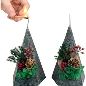 Christmas Candles Set of 2, Dark Green Pillar Candles Scented with Christmas Pine Cones Ornament Decor, Pyramid Shaped Unique & Cute Candle Set, Size H 4.72" x W 2.95"
