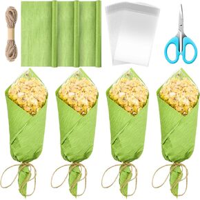 55 Pcs Artificial Popcorn Corn on The Cob Kit DIY Popcorn Corn Bags Craft Popcorn Wrappers with Green Wrinkle Paper Hemp Rope Scissors for Farm Country Theme Party Home Kitchen Decoration