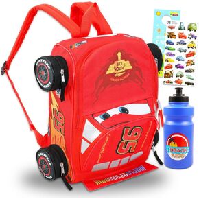 Disney Cars Mini Backpack for Kids - Bundle with 14" Lightning McQueen Backpack with Water Bottle, Stickers, More | 3D Lightning McQueen Travel Bag Set for Girls, Boys