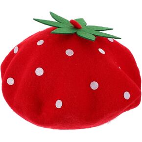 Creative Cute Strawberry Beret Hat for Kids, Soft Woolen Party Headwear, Adjustable Red Wool Blend Cap for Girls, Perfect for Parties, Travel, and Daily Wear