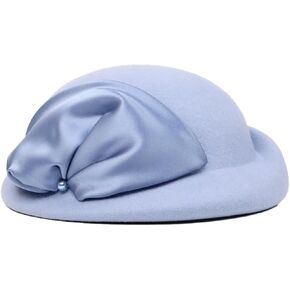 Wool Felt Beret Fascinator Hats for Women Ladies Femme Church Cocktail Tea Party Dress Formal Wedding Bead Derby Pillbox Hat Light Blue