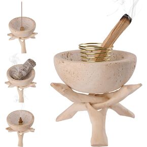 Handmade Travertine Stone Incense Resin Burner Holder – Natural Stone Incense Burner with Brass Insert for Home Decor & Relaxation