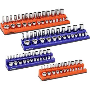 HORUSDY Magnetic Socket Organizer Set, 4-Piece Holder with Rubberized Magnetic Base, Fits 1/4" & 3/8" Drive Metric & SAE Sockets, Holds Standard & Deep Sockets, Durable Plastic (Sockets Not Included)