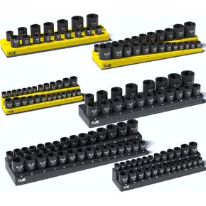 KJE 6Pcs Magnetic Socket Organizer Set, Magnetic Socket Holder Includes 1/4", 3/8", 1/2", Holds 143 Pieces Metric and SAE Socket Trays for Tool Box Drawer