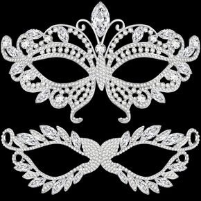 Chivao 2 Pcs Rhinestone Masquerade Mask for Women Men Couple Diamond Venetian Crown Mask Crystal Lace Prom Halloween Party