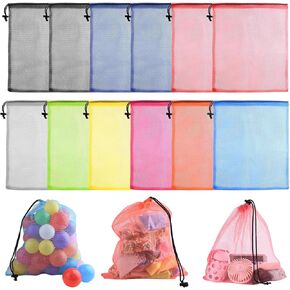 PLULON 12 Pcs Mesh Storage Bags with Drawstring Nylon Laundry, Gym, Ball, Travel and Sports Bags