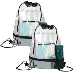 Mozeat Lens 2 Pack Clear Drawstring Bags Waterproof PVC Drawstring Backpack Stadium Approved Transparent Drawstring Bags for Stadium Events Concert Sport Travel