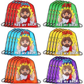 24 Pcs Religious Drawstring Bags Bulk Christian Gift Bags, Jesus Has My Back Vbs Backpacks for Sunday School, Bible Drawstring Backpack Graduation Church Camp Party Favors