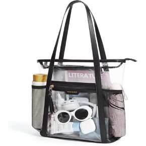 Missnine Clear Bag for Stadium Events Thick PVC Clear Tote Bag for Women with Side Mesh Pockets for Sports Concert Lunch Work