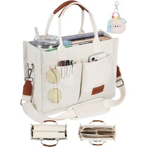 Canvas Tote Bag Purse for Women with Zipper Closure, Individual Compartments & Bottom Suppor