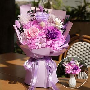 Preserved Flower Bouquet with Vase, Flower Bouquet for Prime Delivery, Gift for Mother’s Day, Valentine’s Day, Birthday, Anniversary (Purple)