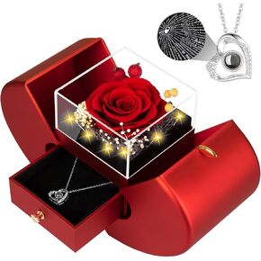 Preserved Red Real Rose with I Love You Necklace, Birthday Gifts for Women Her Mom Wife Girlfriend Grandma Christmas Anniversary Romantic-Red