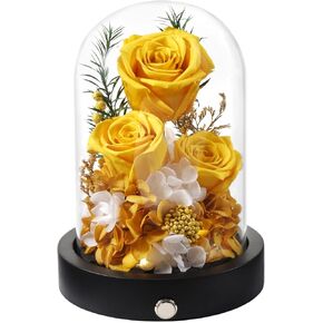 Flowers for Delivery, 3 Yellow Forever Roses in Glass Dome with LED, Preserved Real Rose, Valentines Day Anniversary Birthday Mothers Day Flower Gifts for Mom Her Women Wife Mother