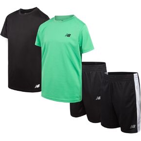 New Balance Boys' Active Shorts Set - 4 Piece Short Sleeve T-Shirt and Gym Shorts (8-20), Size 14/16, Green Apple Black
