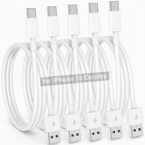 5 عبوات لكابل iPhone 15 Car Carplay Apple، كابل محول USB A إلى USB C Carplay لهاتف iPhone 15، 15 Pro، 15 Pro Max، 15 Plus سلك شاحن سيارة - 3/3/6/6/10FT