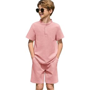 Haloumoning Boys 2 Piece Cotton Set Kids Casual Henley Shirts Short Sleeve Beach Shorts Summer Outfits 5-14 Years
