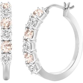 Gemstone and Lab-Created White Sapphire Hoop Earrings, Alternating Stones, Birthstone Jewelry, Sterling Silver (3mm Stone)