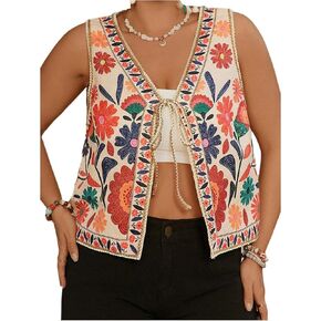MakeMeChic Women's Floral V Neck Tank Top Sleeveless Tie Front Boho Vest