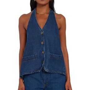 Kedera Women's Tie Up Denim Vest Button Down Backless Denim Tank Top V Neck Sexy Loose Fashion Cropped Vest