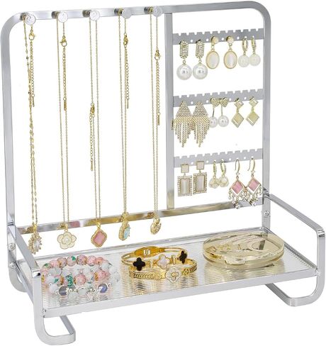 KOOAAICCHI Jewelry Organizer Stand Metal Jewelry Rack with Acrylic Tray Necklace Storage Holder Fashionable Display Stand for Rings, Earrings & Bracelets (Gold) in Kuwait