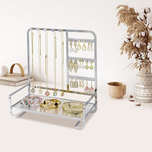 KOOAAICCHI Jewelry Organizer Stand Metal Jewelry Rack with Acrylic Tray Necklace Storage Holder Fashionable Display Stand for Rings, Earrings & Bracelets (Gold) in Kuwait