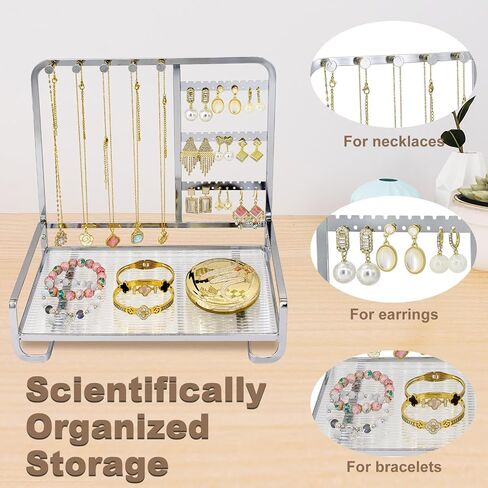 KOOAAICCHI Jewelry Organizer Stand Metal Jewelry Rack with Acrylic Tray Necklace Storage Holder Fashionable Display Stand for Rings, Earrings & Bracelets (Gold) in Kuwait
