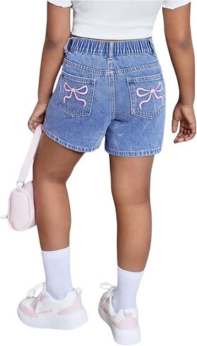 شورتات الدنيم الفتاة الفتاة Makemechic Bow Terbroidery Straining Bermuda Jean Shorts مع جيوب in Kuwait