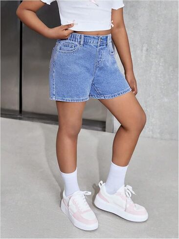 شورتات الدنيم الفتاة الفتاة Makemechic Bow Terbroidery Straining Bermuda Jean Shorts مع جيوب in Kuwait