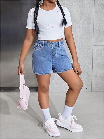 شورتات الدنيم الفتاة الفتاة Makemechic Bow Terbroidery Straining Bermuda Jean Shorts مع جيوب in Kuwait