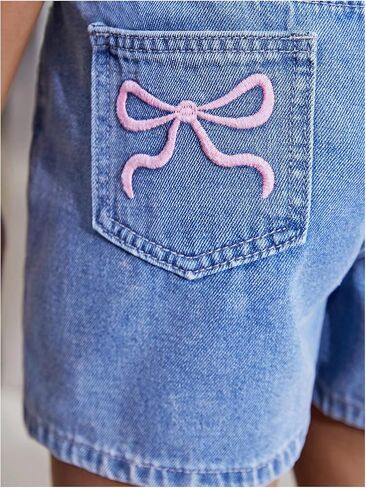 شورتات الدنيم الفتاة الفتاة Makemechic Bow Terbroidery Straining Bermuda Jean Shorts مع جيوب in Kuwait
