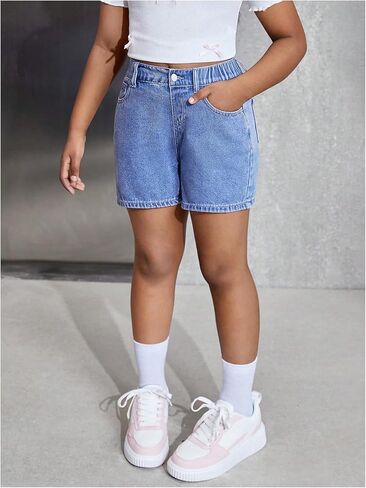 شورتات الدنيم الفتاة الفتاة Makemechic Bow Terbroidery Straining Bermuda Jean Shorts مع جيوب in Kuwait
